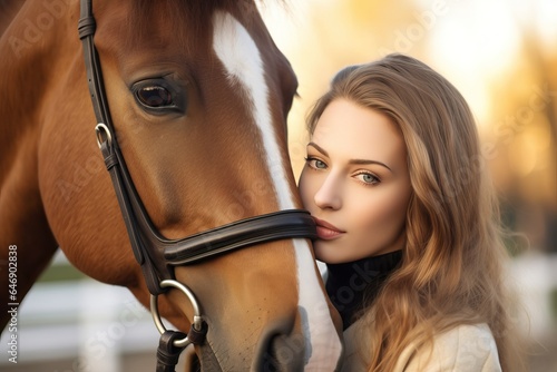 Young Woman Pressing Cheek to Horse's Muzzle - Portrait