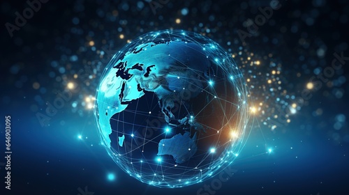 Fototapeta Naklejka Na Ścianę i Meble -  Global communication network in space, global information exchange via the internet, and connected satellites for finance. generative ai