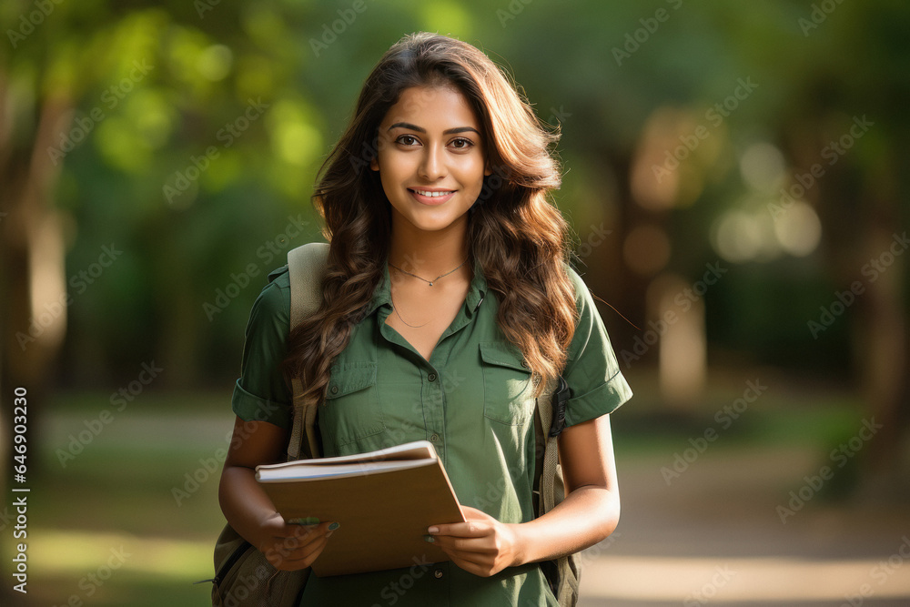 Young girl college student holding books and backpack standing and giving happy expression Young girl college student holding books and backpack standing and giving happy expression
