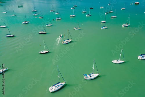 Sailing boats staying in ocean marina. Aerial view, Top view