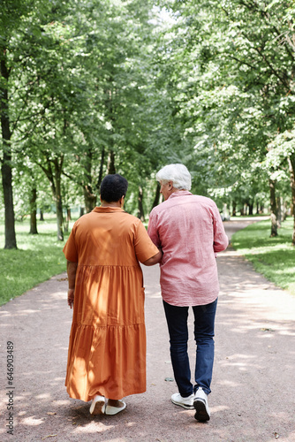 Vertical back view of happy senior couple walking on park lane together and dating