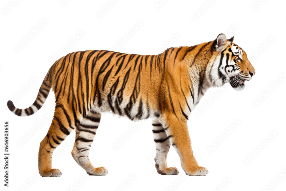 Portrait of Asia Bengal tiger that looking at camera isolated on clean png background, hunter in the forest, wildlife concept.