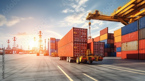 Container cargo freight ship during discharging at industrial port and move containers to container yard by trucks, cargo plane, logistic import export background. 