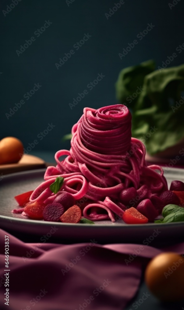 pasta with beets, cheese and herbs on a dark background. for a recipe book pasta with beets, cheese and herbs on a dark background. for a recipe book