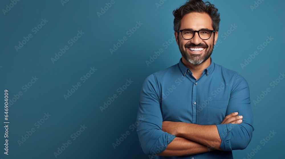 Fototapeta premium Portrait of a man on blue studio background. generative ai