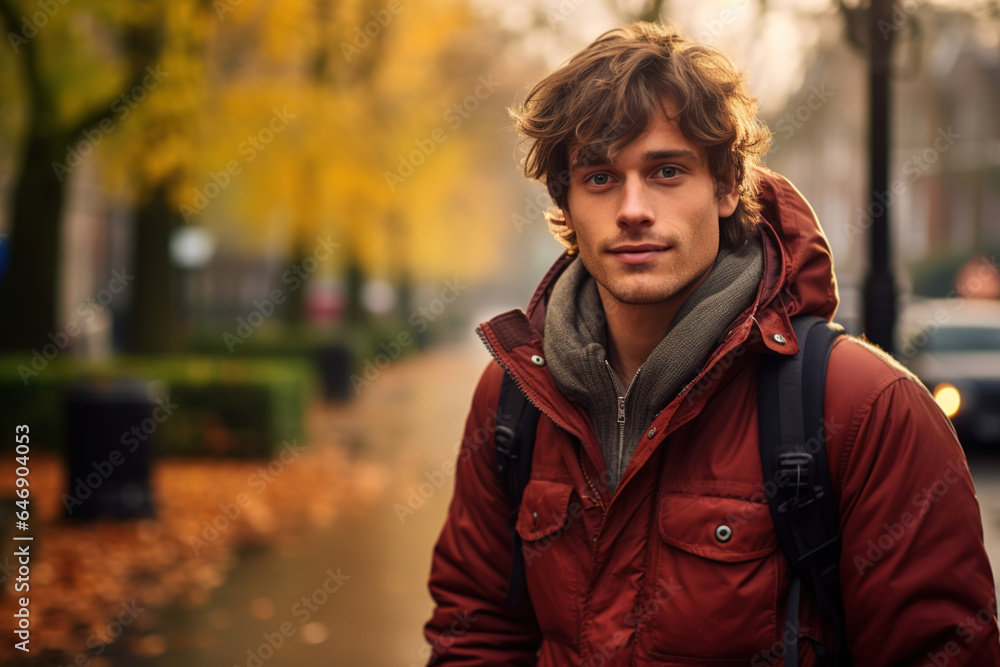 Portrait of a handsome caucasian guy student in jacket with backpack outdoors on an autumn day