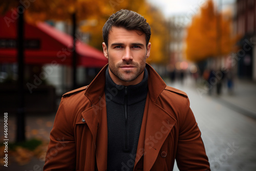 Portrait of handsome stylish european man outdoors on autumn day, confident caucasian male model wearing brown coat outdoors looking at camera © Sergio