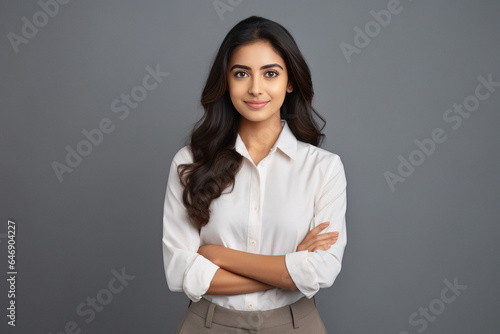 young and confident woman standing with arm crossed.