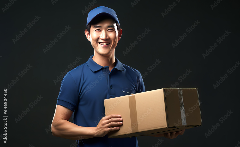 A young courier from Asia holds a parcel in his hands and smiles. The courier wears a blue uniform and a baseball cap. A young courier from Asia holds a parcel in his hands and smiles. The courier wears a blue uniform and a baseball cap.