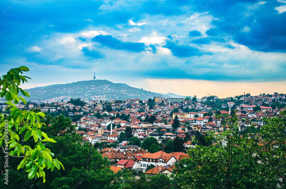 Scenic view of Sarajevo and the surrounding mountains, Bosnia.