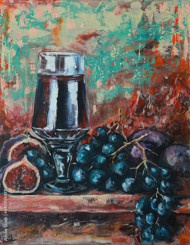 Acrylic drawing of a glass of wine with grapes and figs lying nearby