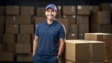 Young handsome Arab courier stands in a logistics warehouse near the boxes. Fast delivery concept.