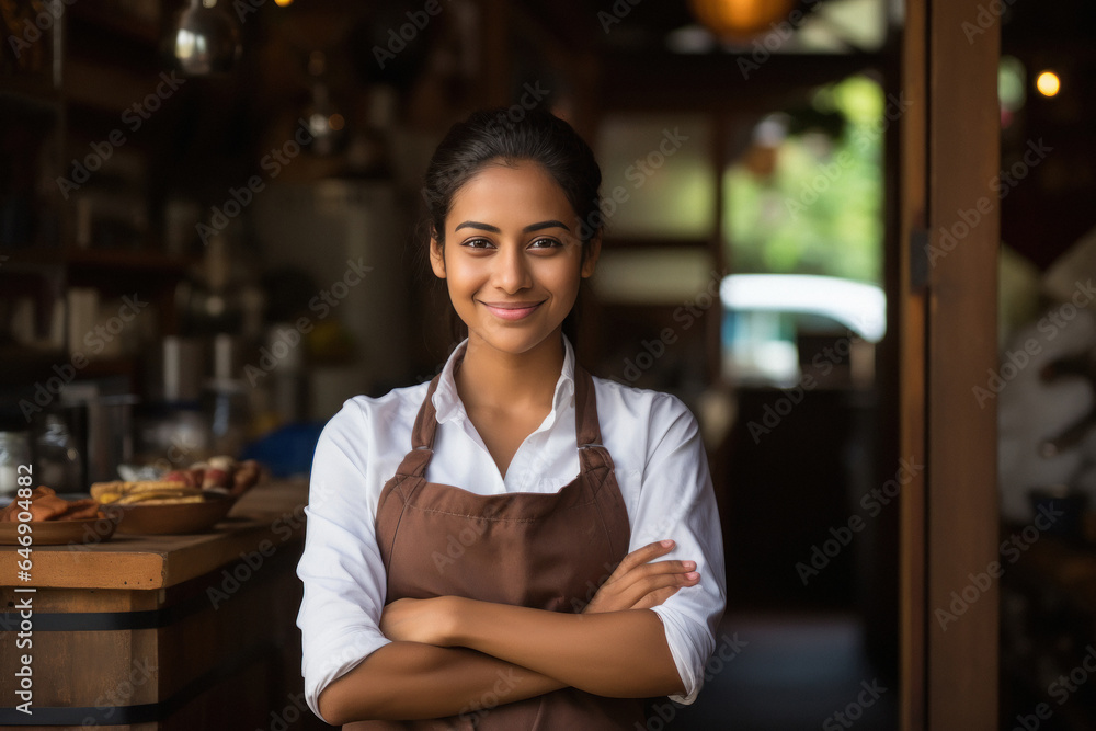 Confident female chef or cook standing at restaurant Confident female chef or cook standing at restaurant