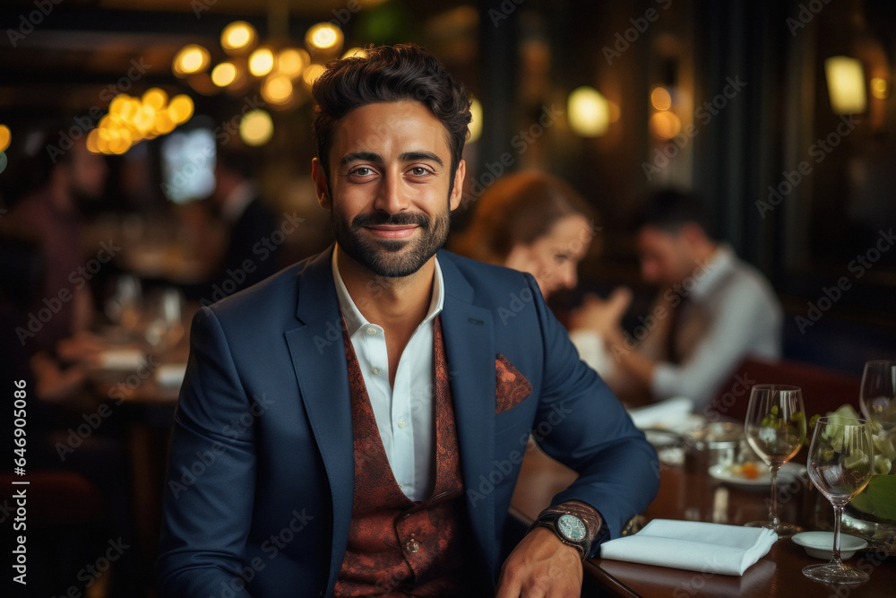 Young indian man in suit sitting at restaurant and smiling.