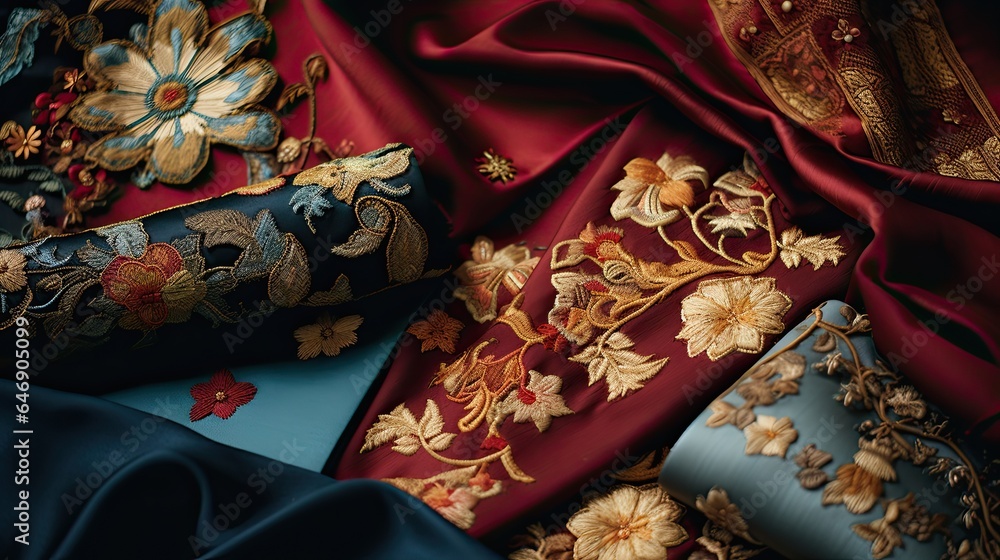 Flat lay of embroidered fabrics showcasing detailed craftsmanship