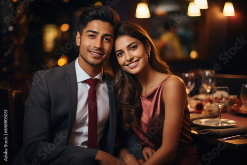 young and lovely couple together in restaurant.