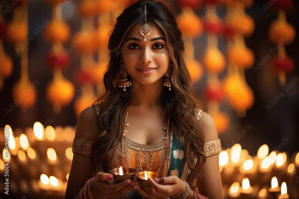Young indian woman in traditional wear and holding oil lamp in hand Young indian woman in traditional wear and holding oil lamp in hand