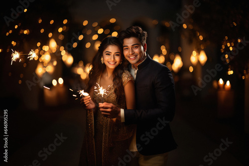 Couple holding burning sparklers in hand and celebrating diwali festival.