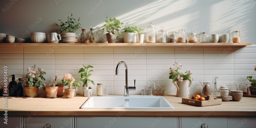 white simple modern kitchen in Scandinavian style, kitchen details, indoor plants in the interior, wooden countertop, background and light white tile walls
