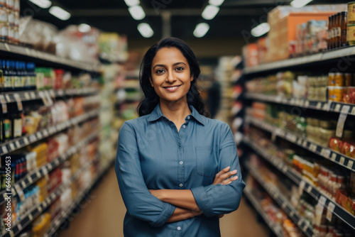 Confident young woman grocery store owner standing and smiling.