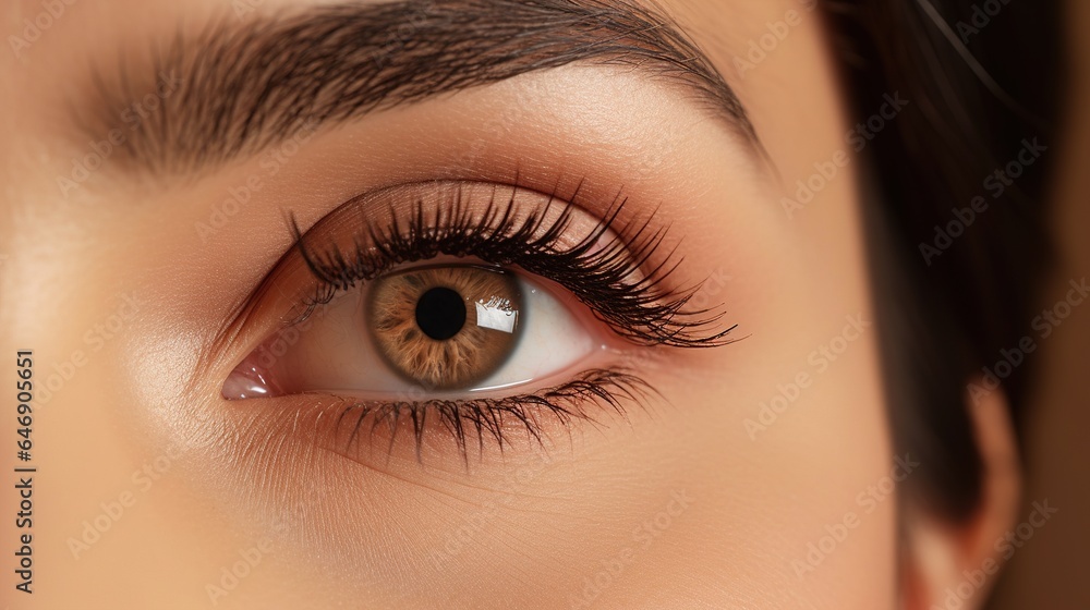 Fototapeta premium Woman's beauty, eye, and vision Cosmetic glamor style with natural and neutral eyeshadow macro. Close-up of a toddler's eye with makeup. Pediatric ophthalmology and eye health require a macro vision.