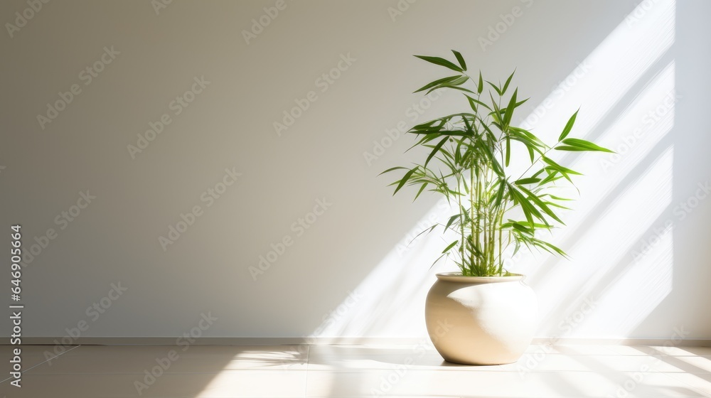 a potted bamboo in an empty room with sunlight, shadow on white wall. Home, Tradition, Lucky plants, Zen.