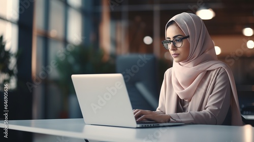 A woman, a Muslim, and a laptop are working in an office on the internet for Dubai and technology. Professional, computer, and Arabic with a headscarf is on the internet to create for a corporation. 