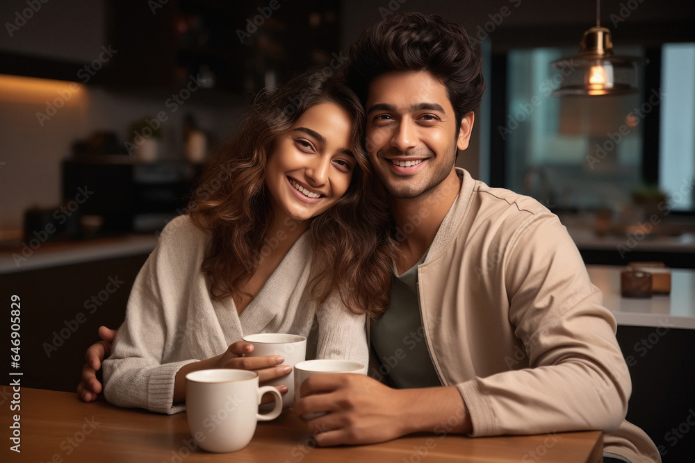 Young couple taking tea or coffee together at home