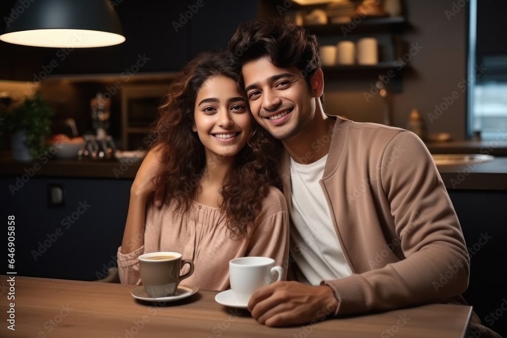 Young couple taking tea or coffee together at home Young couple taking tea or coffee together at home