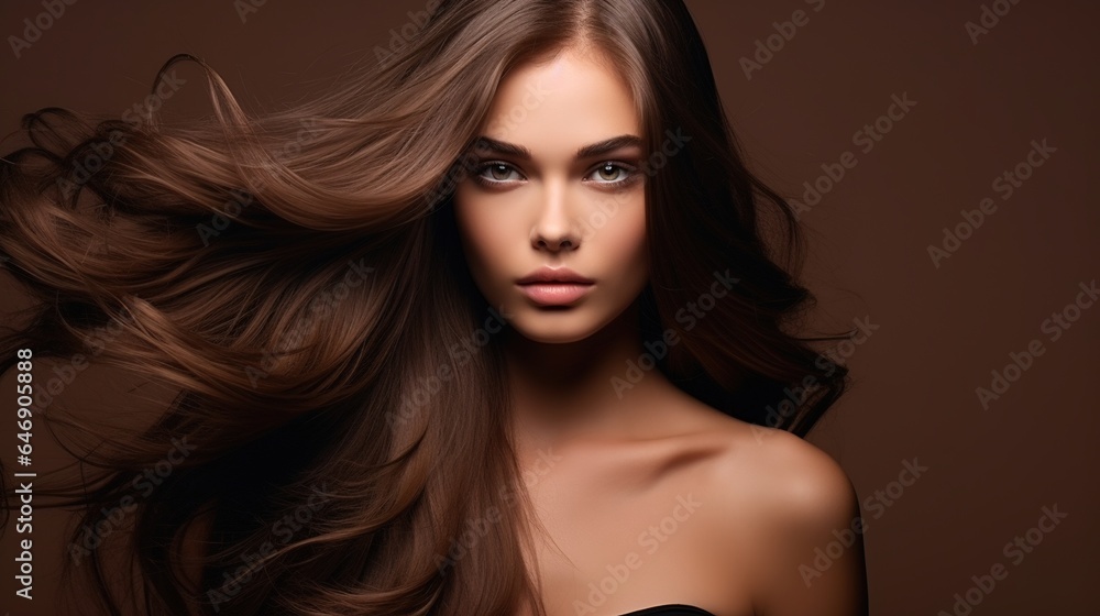 Fototapeta premium Fashion woman with straight long shiny hair. Beauty and hair care. Face and hair beauty. generative ai