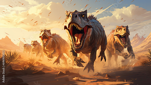 a herd of dinosaurs running away from something
