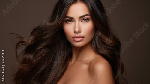 Beautiful brunette with wonderfully curled hair and traditional make-up. Face and hair beauty. generative ai