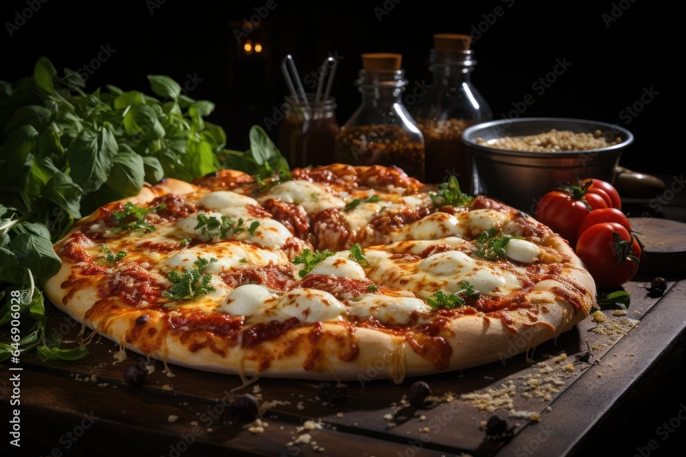 Homemade pizza with salami, thick layer of cheese and tomatoes with herbs. Hot pizza from the oven on a wooden board with vegetables and spices Homemade pizza with salami, thick layer of cheese and tomatoes with herbs. Hot pizza from the oven on a wooden board with vegetables and spices