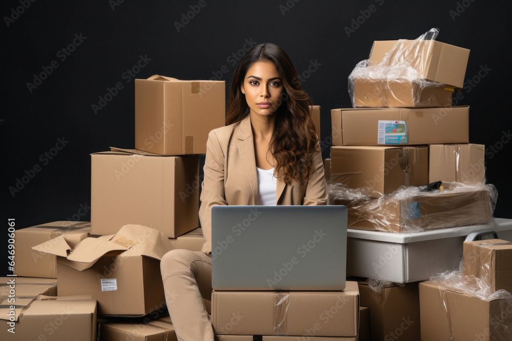 Indian woman using laptop while surrounded cardboard boxes. Indian woman using laptop while surrounded cardboard boxes.