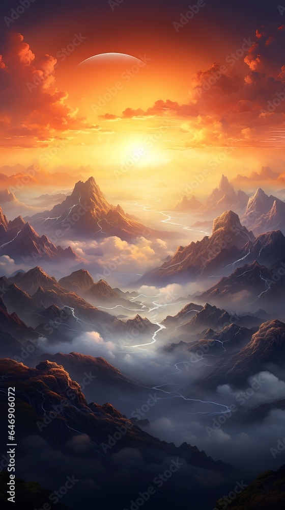 Sunrise in the mountains. AI generated art illustration.