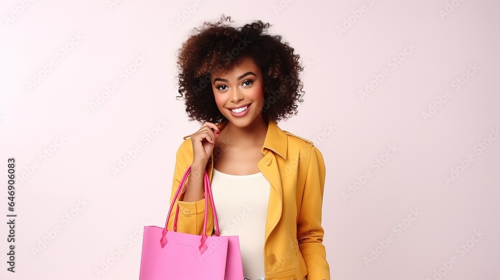 woman with shopping bags on studio background. generative ai woman with shopping bags on studio background. generative ai