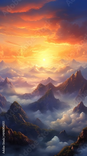 Sunrise in the mountains. AI generated art illustration.