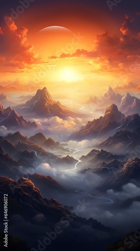Sunrise in the mountains. AI generated art illustration. © Edward Puchkov