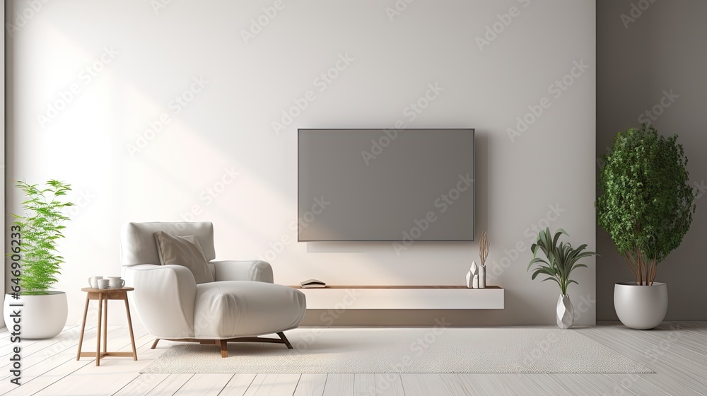 Create a 3D image of a contemporary minimalist interior with a wall mounted TV and armchair, rendered in white. Create a 3D image of a contemporary minimalist interior with a wall mounted TV and armchair, rendered in white.