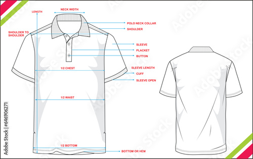 MEN POLO NECK T SHIRT SHORT SLEEVE SKETCH FASHION TEMPLATE TECHNICAL DRAWING ILLUSTRATION