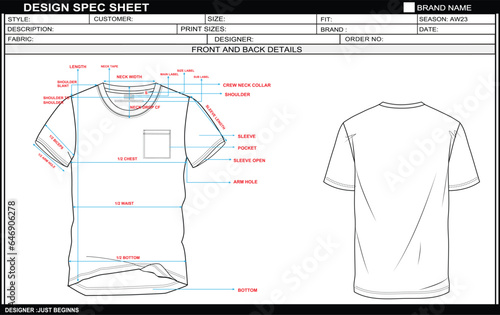MEN CREW NECK T SHIRT SHORT SLEEVE SKETCH FASHION TEMPLATE TECHNICAL DRAWING ILLUSTRATION