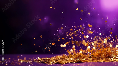 Abstract violet and gold shiny Christmas background with glitter and confetti. Holiday bright purple blurred backdrop with golden particles and bokeh.