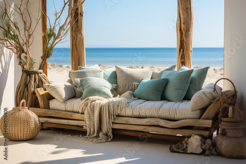 Living room. comfortable sofa and pillow and beach view from living room.