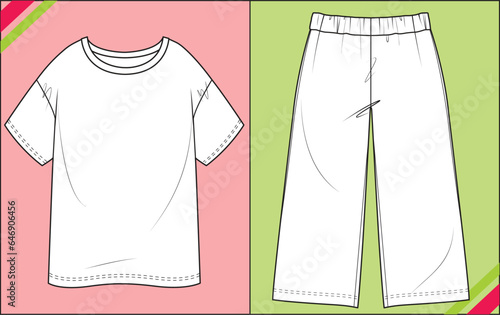 OVERSIZED WOMEN, GIRL T SHIRT, WIDE LEG PANTS SKETCH FASHION TEMPLATE TECHNICAL DRAWING ILLUSTRATION