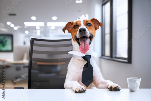 Dog jack russell terrier in glasses and a tie sits at a desk © Inna Vlasova