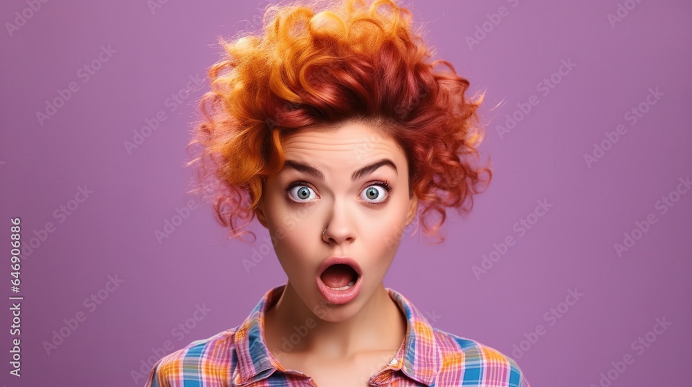 A young woman with vibrant, fiery hair stares in wide-eyed astonishment against a bold purple backdrop. A young woman with vibrant, fiery hair stares in wide-eyed astonishment against a bold purple backdrop.