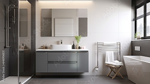 Modern  minimalist gray and white bathroom with sink  mirror  drawers  glass door shower  tiled floor. Side view  no people. .