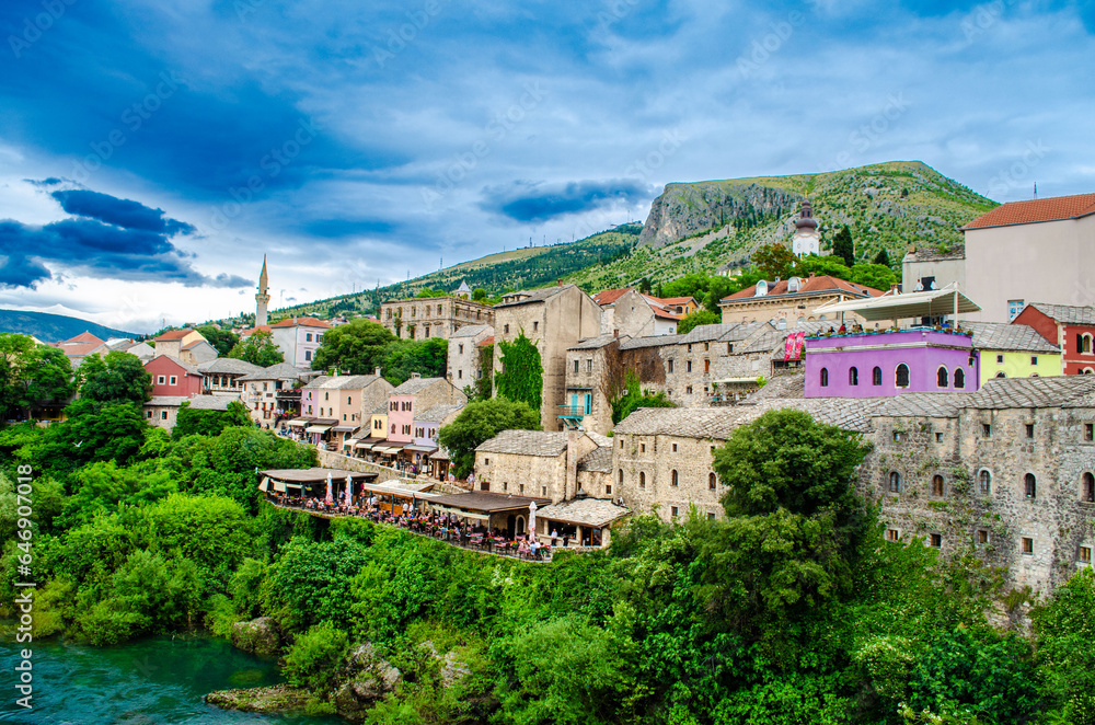 Scenic shot of historic Mostar old town centre, Bosnia. - obrazy, fototapety, plakaty 