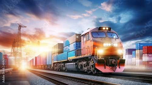 Freight train carrying cargo containers passes by. At sunset, a high-speed passenger train is in motion on a railroad. The commuter train is hazy. generative ai