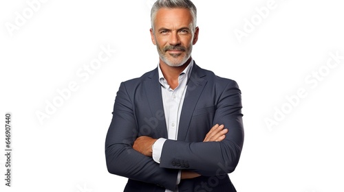 Senior businessman stands with his arms crossed on a white background.